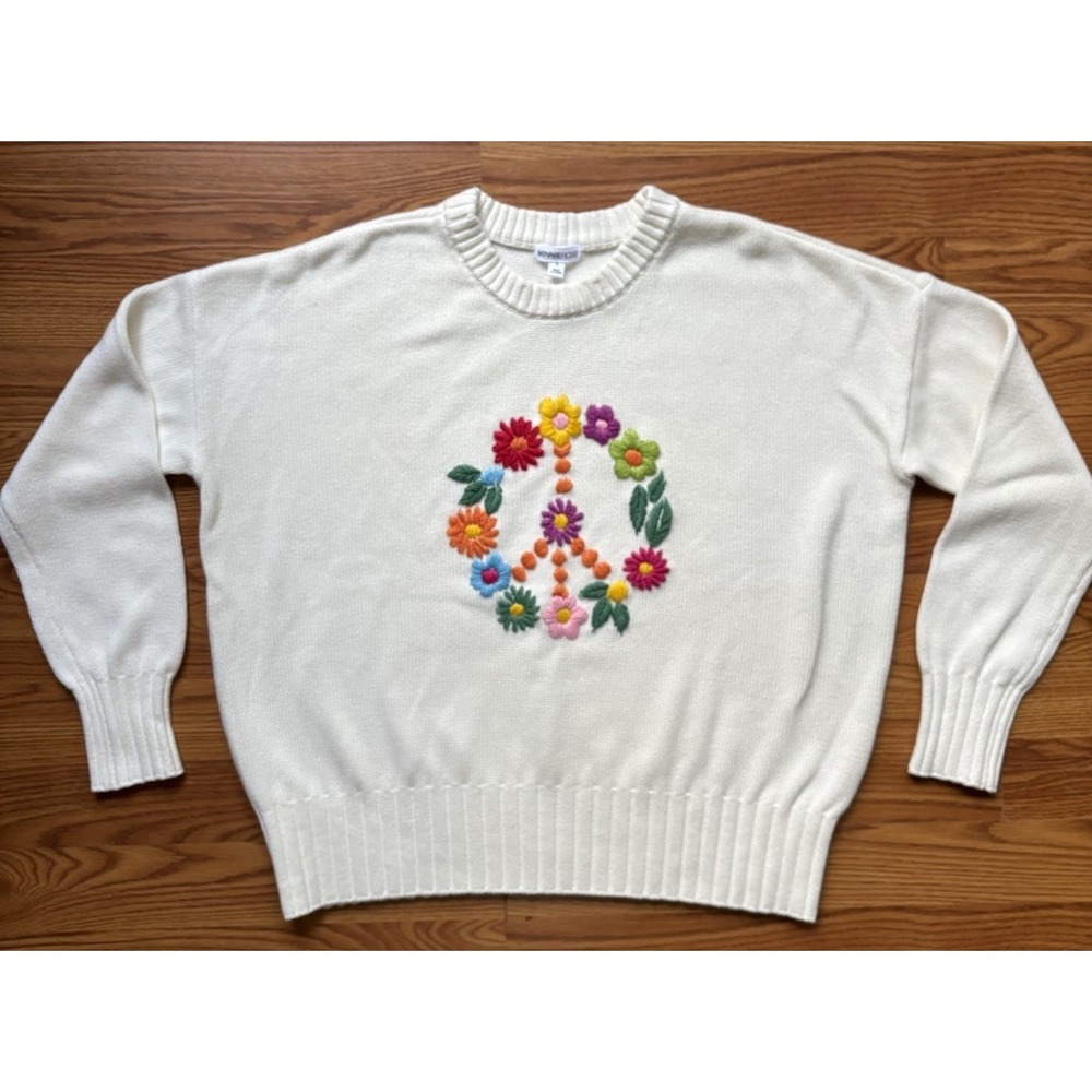 Minnie Rose Floral Embroidered Peace Sign Oversized Sweater Ivory Flowers Sz S